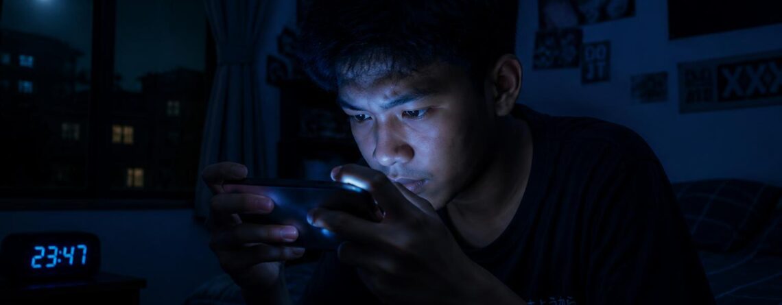 Pemain game online di Indonesia bermain di malam hari dengan cahaya layar biru