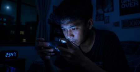 Pemain game online di Indonesia bermain di malam hari dengan cahaya layar biru