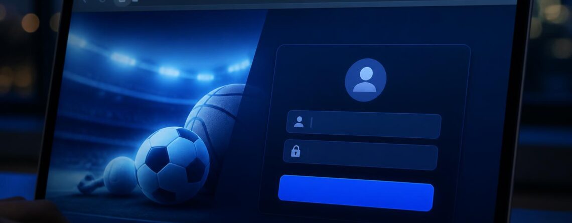Layar laptop menampilkan halaman login taruhan olahraga dengan indikator keamanan browser