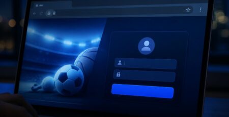 Layar laptop menampilkan halaman login taruhan olahraga dengan indikator keamanan browser